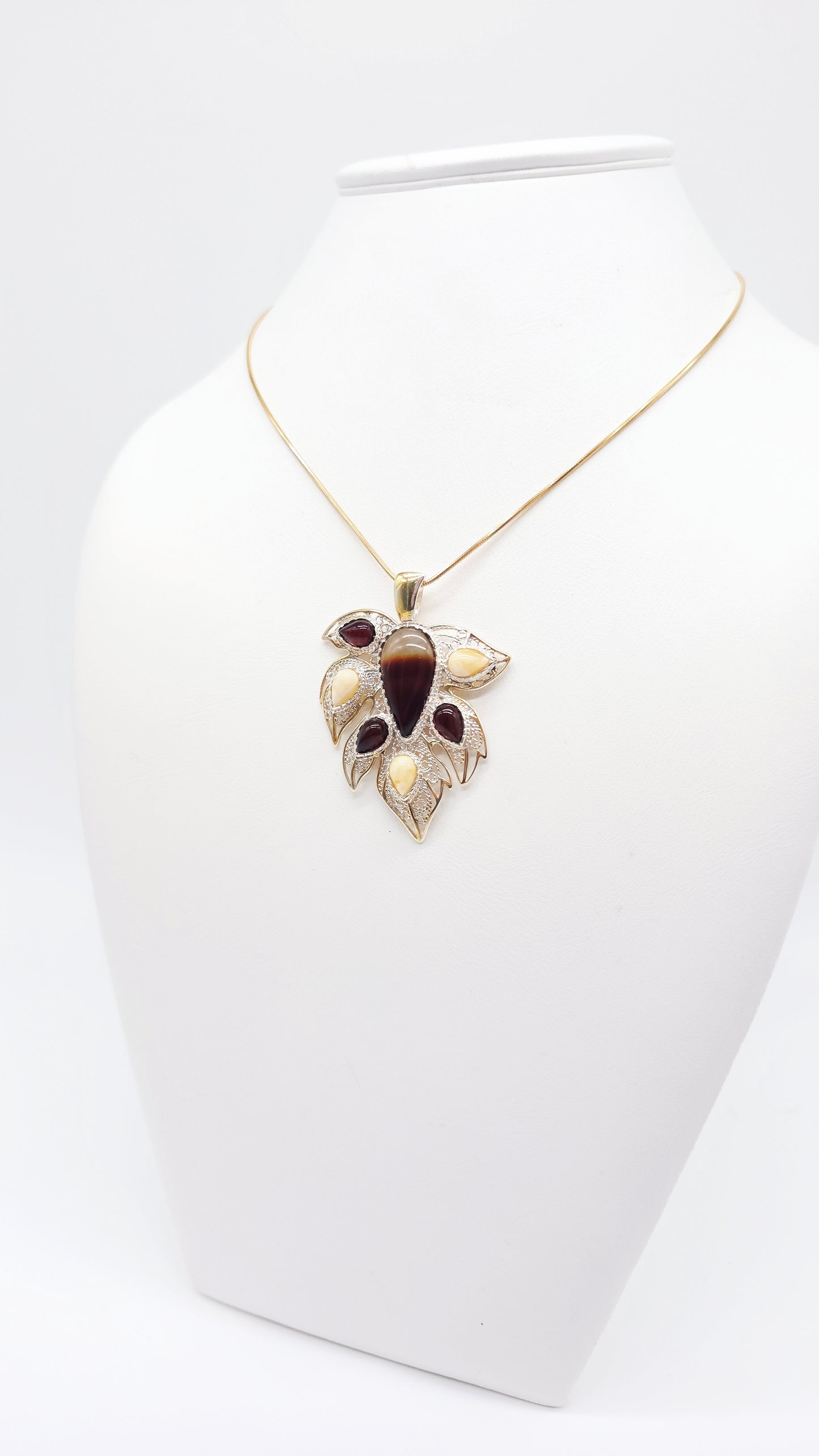 Unique jewelry leaf with genuine amber &amp; silver