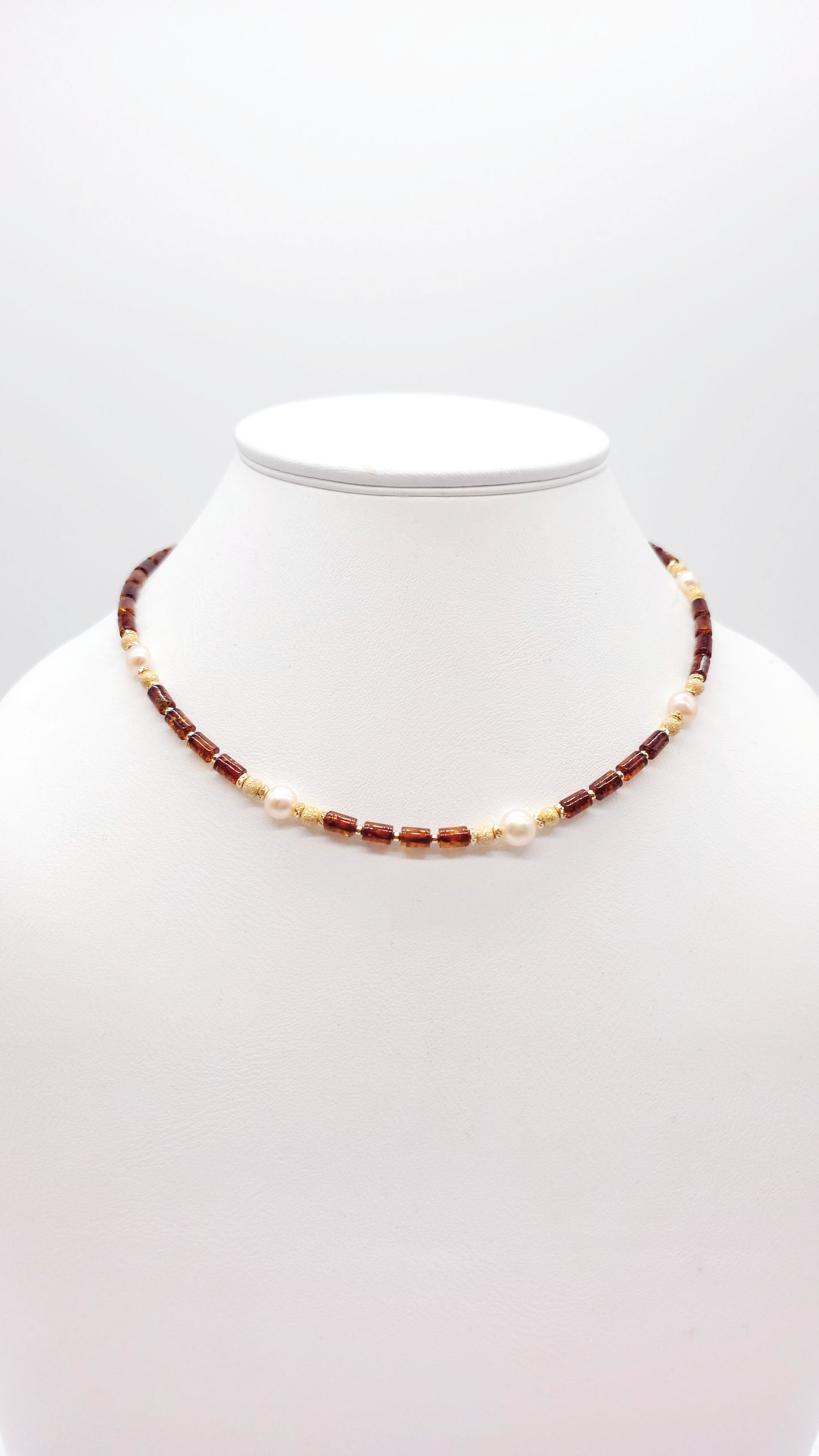 Collier Bernstein & Perlen 925 Silber vergoldet