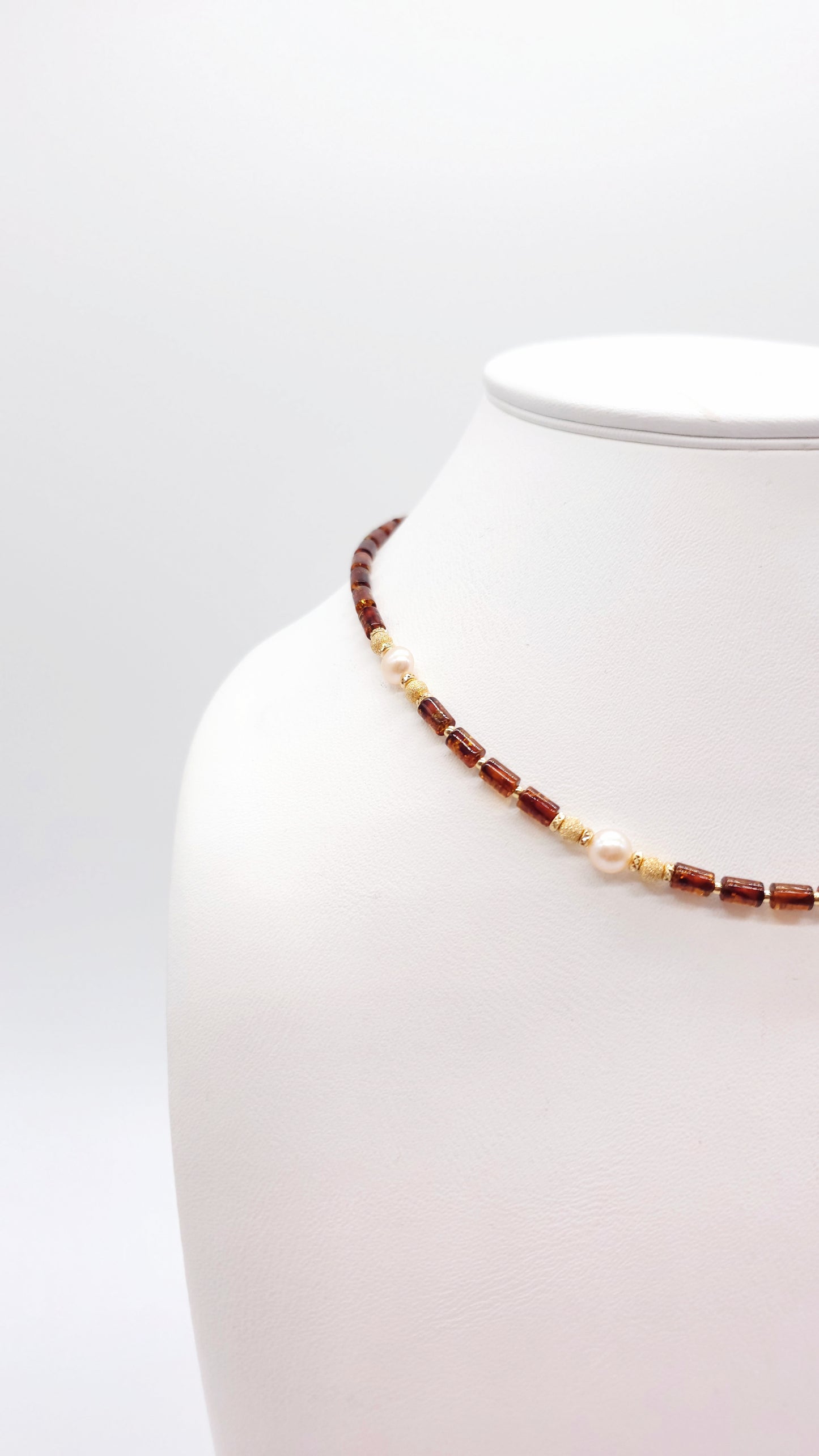 Collier Bernstein & Perlen 925 Silber vergoldet