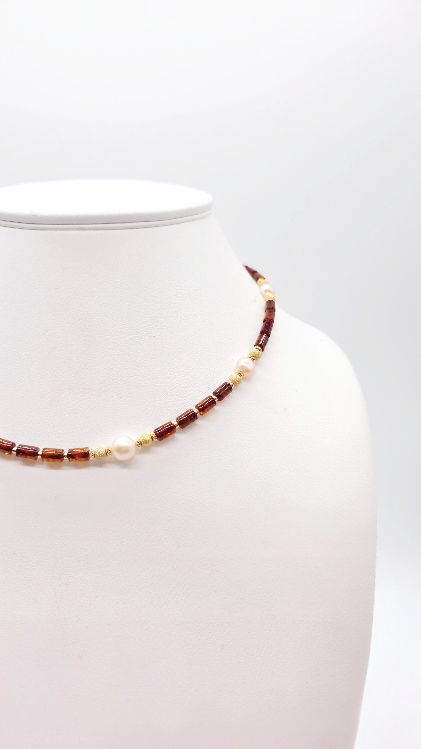 Collier Bernstein & Perlen 925 Silber vergoldet
