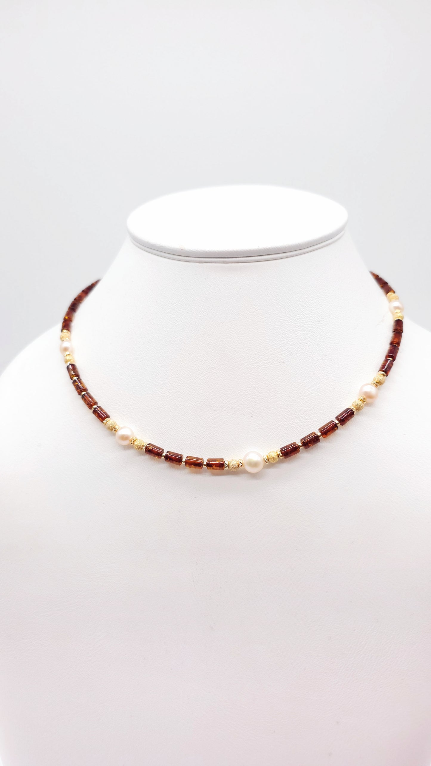 Collier Bernstein & Perlen 925 Silber vergoldet
