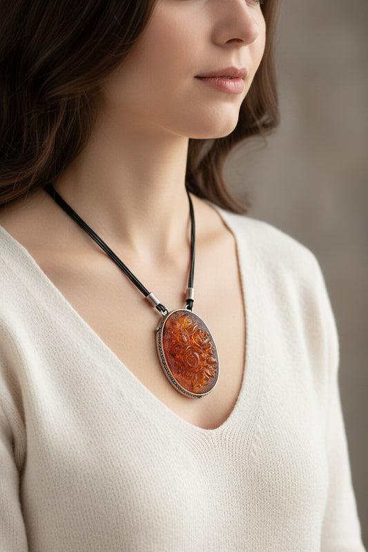 3D Rosen im Bernstein – Anhänger mit Lederkette