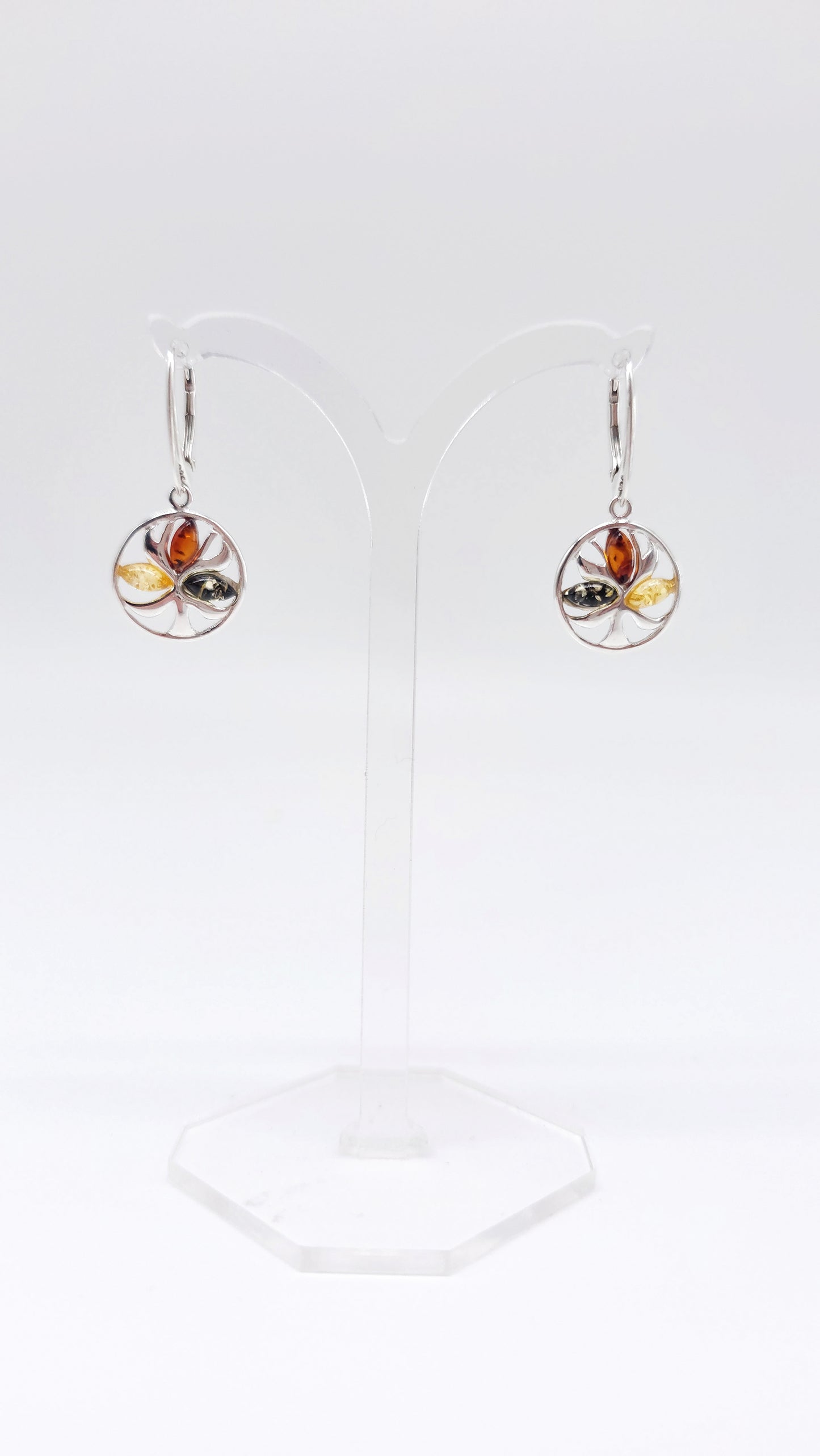 Amber earrings with colorful stones