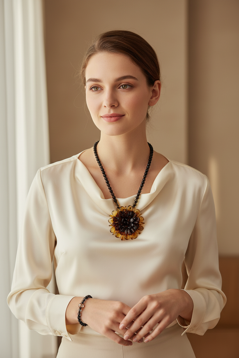 Magie florale en ambre – collier artistique