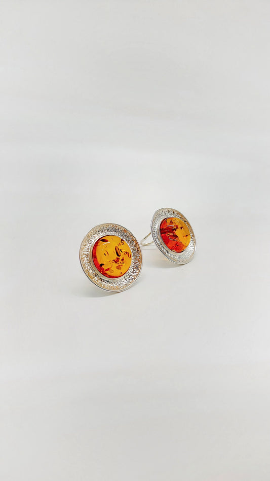 Round amber ear clips made of 925 sterling silver