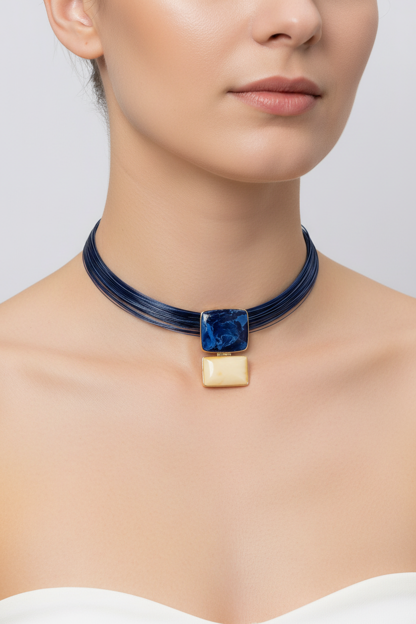 Collier unique avec pietersite et ambre royal
